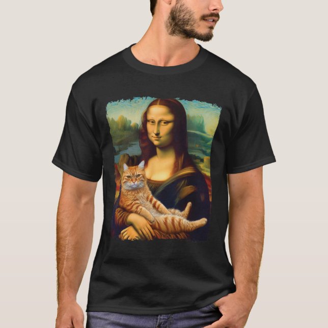 Mona Lisa Holding Cat Portrait Kunstmalerei T-Shirt (Vorderseite)