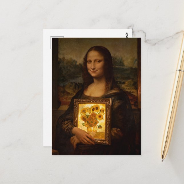 Mona Lisa Holds a Van Gogh Postkarte (Vorderseite/Rückseite Beispiel)