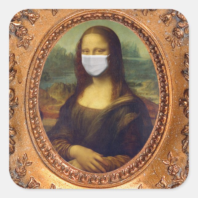 Mona lisa in einer chirurgischen Maske leonardo da Quadratischer Aufkleber (Vorderseite)