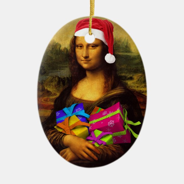 Mona Lisa kommt als Weihnachtsmann Keramikornament (Vorne)
