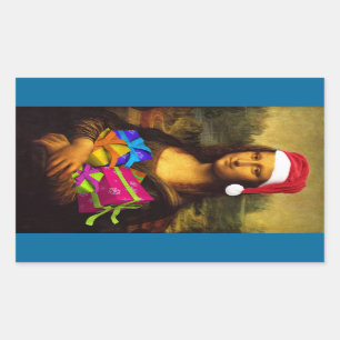 Mona Lisa kommt als Weihnachtsmann Rechteckiger Aufkleber