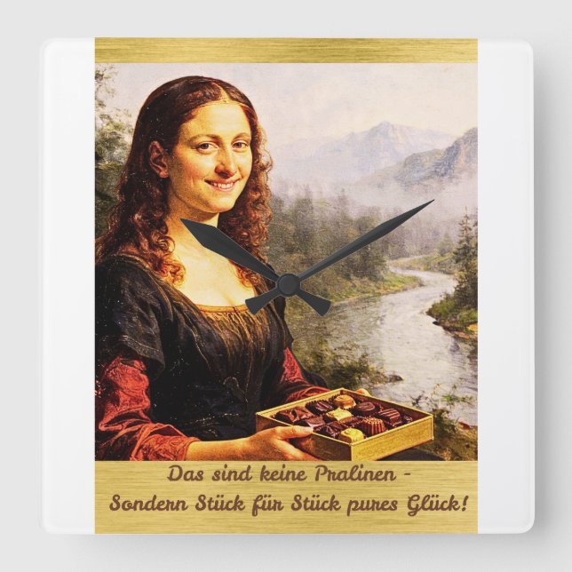 Mona Lisa liebt Pralinen Quadratische Wanduhr (Vorderseite)