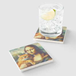 Mona Lisa malt La Gioconda mit Katze Steinuntersetzer