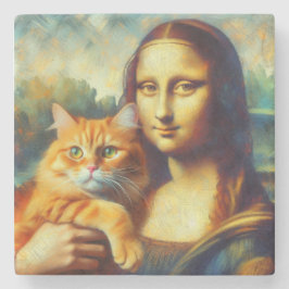 Mona Lisa malt La Gioconda mit Katze Steinuntersetzer
