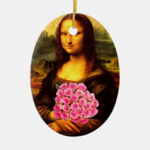 Mona Lisa mit Bouquet aus rosa Rosen Keramik Ornament