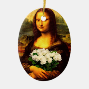 Mona Lisa mit Bouquet aus weißen Rosen Keramikornament