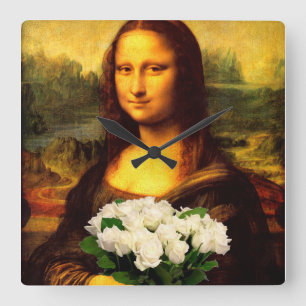 Mona Lisa mit Bouquet aus weißen Rosen Quadratische Wanduhr