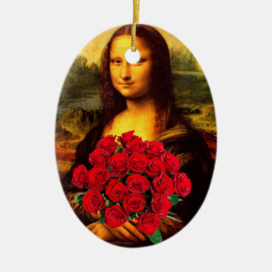 Mona Lisa mit Bouquet von Rote Rosen Keramik Ornament