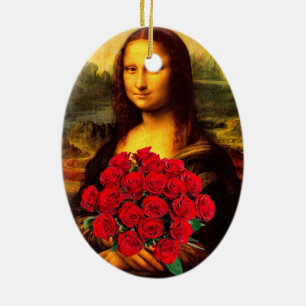 Mona Lisa mit Bouquet von Rote Rosen Keramik Ornament
