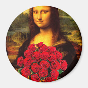 Mona Lisa mit Bouquet von Rote Rosen Magnet