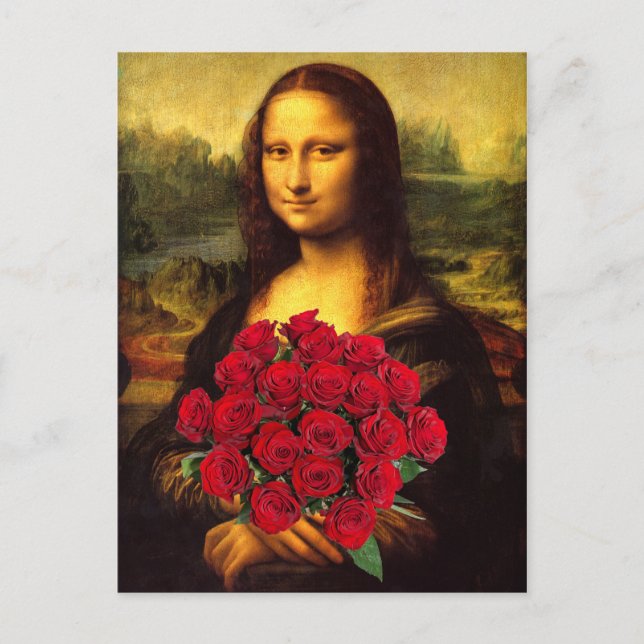 Mona Lisa mit Bouquet von Rote Rosen Postkarte (Vorderseite)