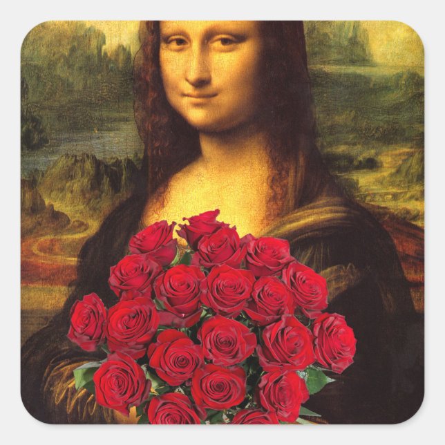 Mona Lisa mit Bouquet von Rote Rosen Quadratischer Aufkleber (Vorderseite)