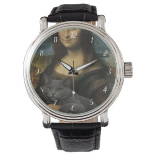 Mona Lisa mit eleganter grauer Katze               Armbanduhr