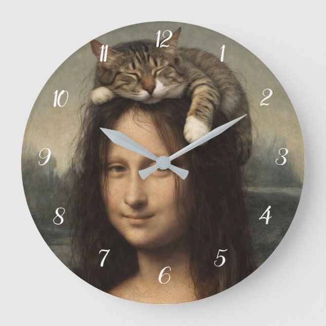 Mona Lisa mit schlafender Katze Große Wanduhr (Vorderseite)