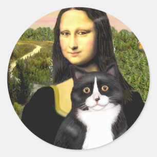 Mona Lisa - schwarz-weiße Katze Runder Aufkleber