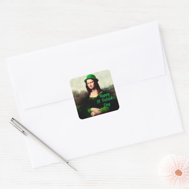 Mona Lisa St. Patrick's Day Clover Quadratischer Aufkleber (Umschlag)