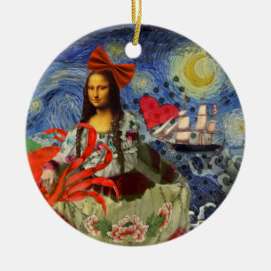 Mona Lisa Sternennacht Collage: Whimsical Surreal Keramik Ornament