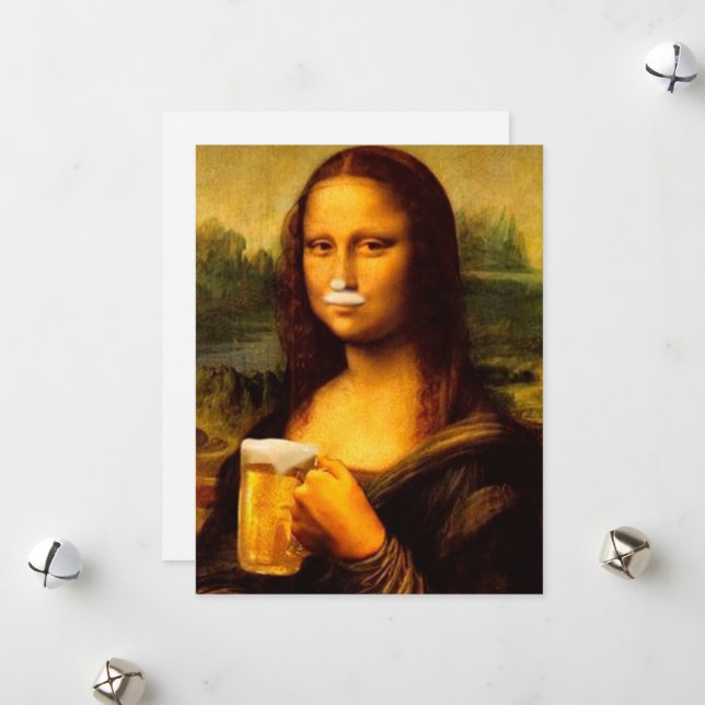 Mona Lisa trinkt Bier Liebhaber Feiertagskarte (Vorderseite/Rückseite Beispiel)