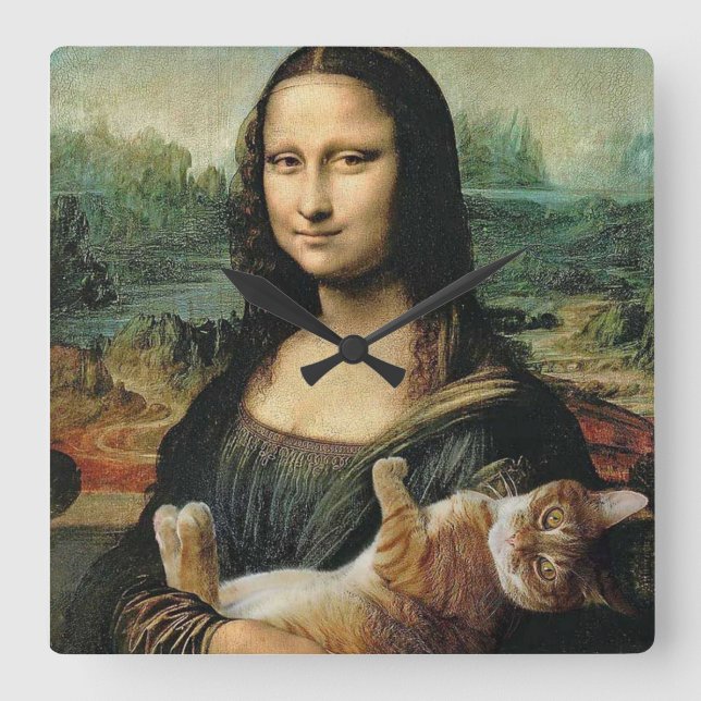 Mona Lisa und Katze Leonardo da Vinci Quadratische Wanduhr (Vorderseite)