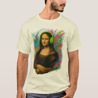 Mona Lisa with Headphones - Neon Graffiti Style on T-Shirt