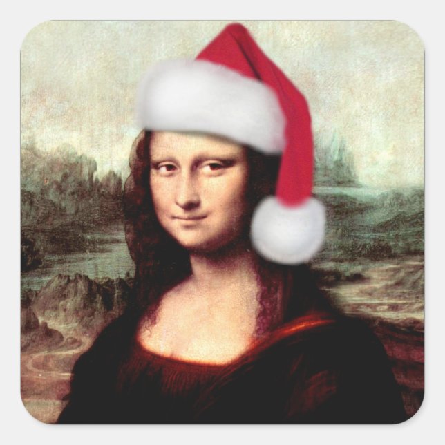 Mona Lisas Weihnachtszeit-Weihnachtsmannmütze Quadratischer Aufkleber (Vorderseite)