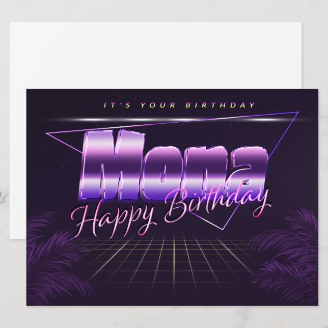 Mona Nom Prénom lila retro Carte Anniversaire (Devant / Derrière)