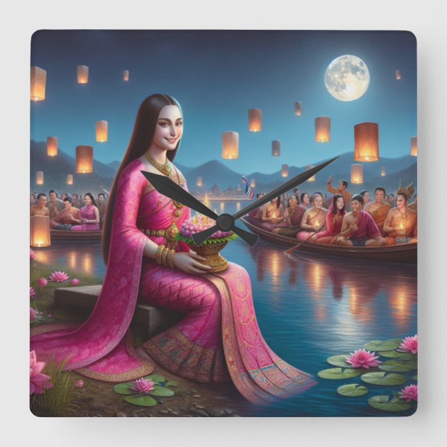 Mona Roy Krathong Festival Thailand Quadratische Wanduhr (Vorderseite)