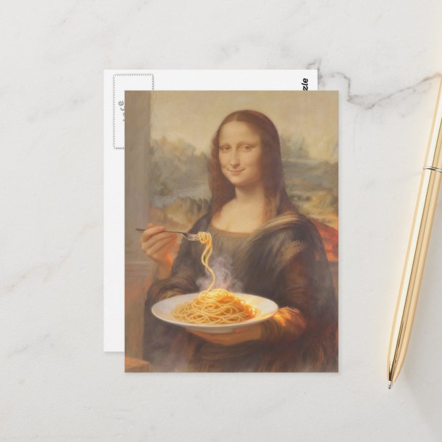 Mona und ihr Spaghetti-Abendessen Postkarte (Vorderseite/Rückseite Beispiel)