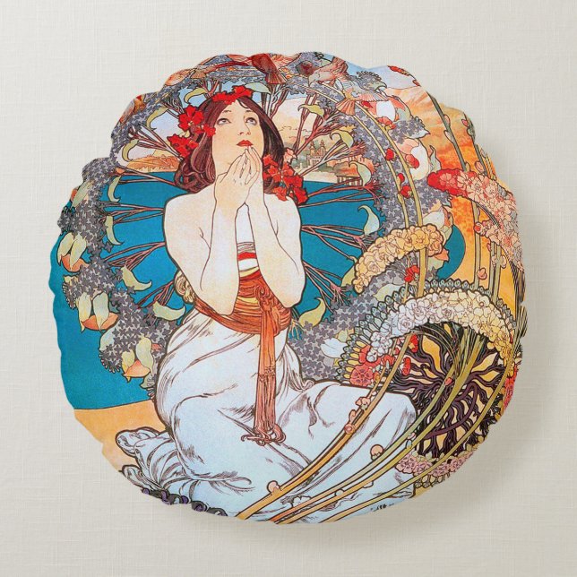 Monaco, Monte-Carlo, Alphonse Mucha-Kiefer Rundes Kissen (Vorderseite)