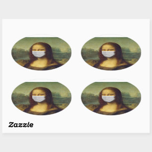MONALISA MIT MASK-PARODY-STICKERN OVALER AUFKLEBER