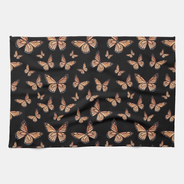 Monarch Butterfliegen auf Schwarz Geschirrtuch (Horizontal)