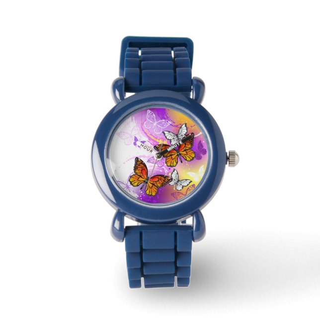 Monarch Butterflies on Purple Background Armbanduhr (Vorderseite)