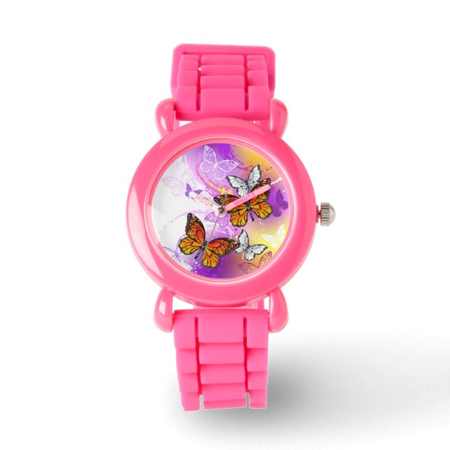 Monarch Butterflies on Purple Background Armbanduhr (Vorderseite)