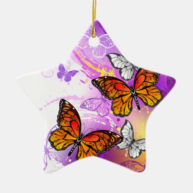 Monarch Butterflies on Purple Background Keramik Ornament (Vorne)