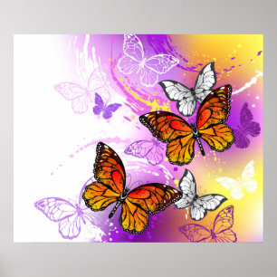 Monarch Butterflies on Purple Background Poster