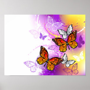Monarch Butterflies on Purple Background Poster