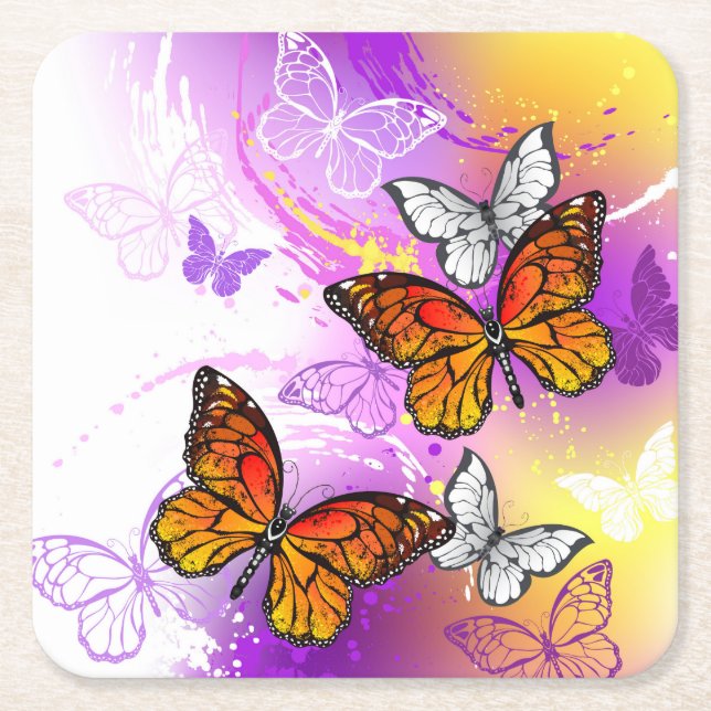 Monarch Butterflies on Purple Background Rechteckiger Pappuntersetzer (Vorderseite)