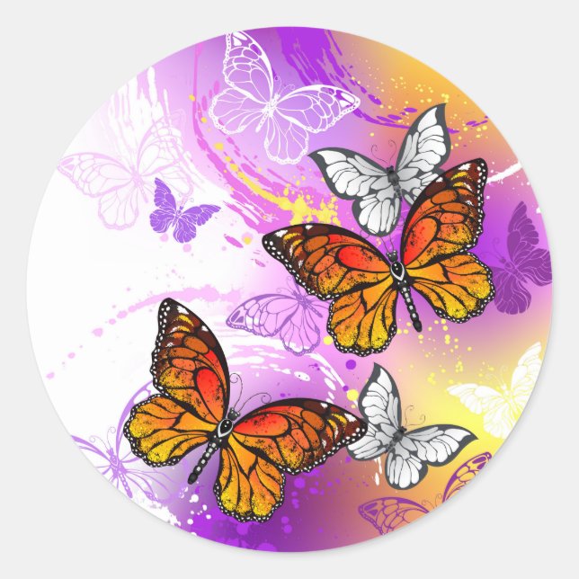 Monarch Butterflies on Purple Background Runder Aufkleber (Vorderseite)