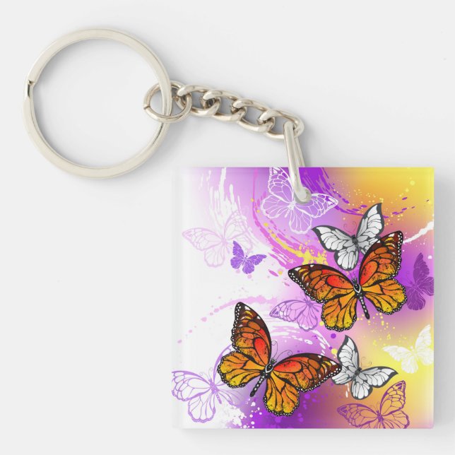 Monarch Butterflies on Purple Background Schlüsselanhänger (Vorderseite)