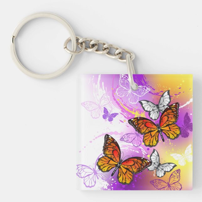 Monarch Butterflies on Purple Background Schlüsselanhänger (Vorderseite)