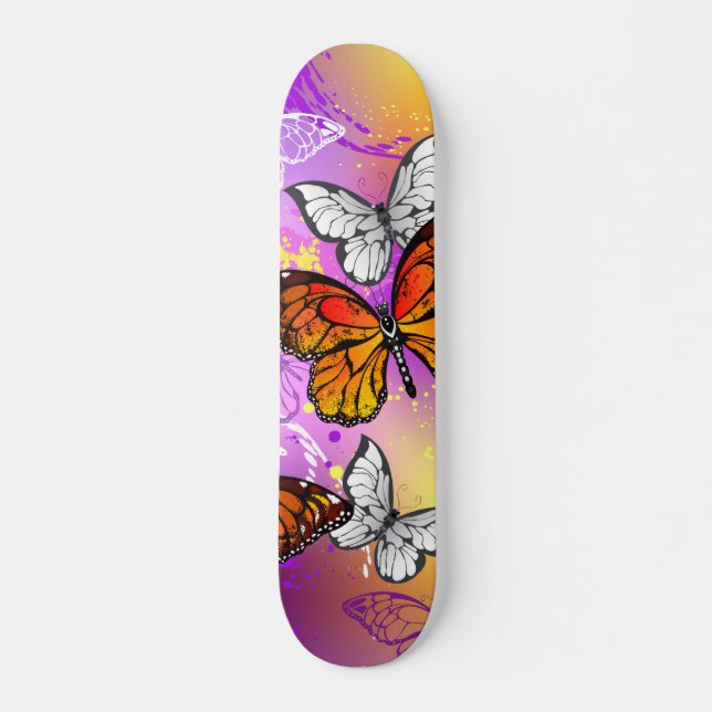 Monarch Butterflies on Purple Background Skateboard (Vorne)