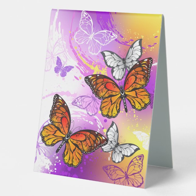 Monarch Butterflies on Purple Background Tischaufsteller (Vorderseite)