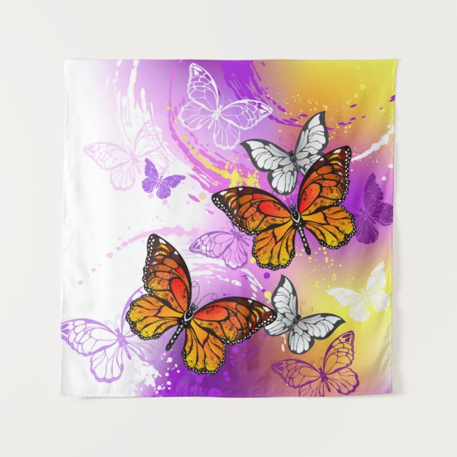 Monarch Butterflies on Purple Background Wandteppich (Vorderseite)