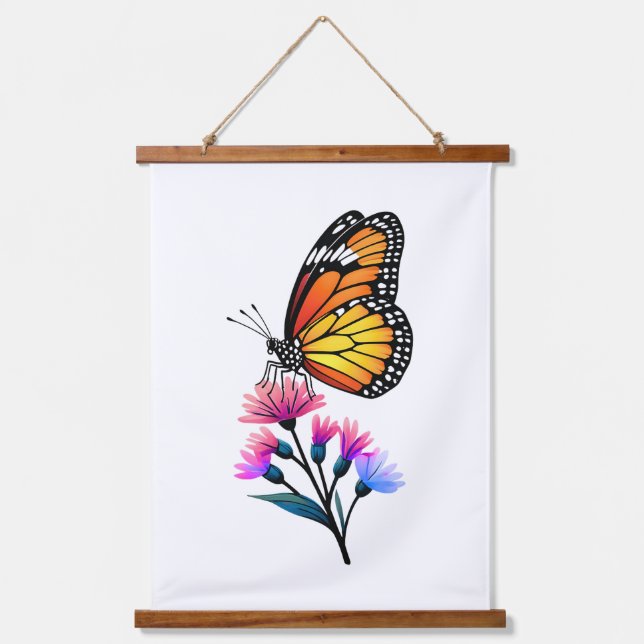 Monarch Butterfly auf bunten Wildblumen Wandteppich Mit Holzrahmen (Vorderseite)