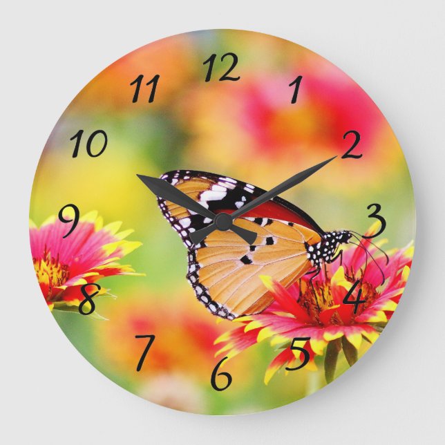 Monarch Butterfly auf der Blume Rot und Gelb Große Wanduhr (Vorderseite)