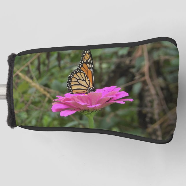 Monarch Butterfly auf der Hübschen rosa Zinnia-Blu Golf Headcover (Vorderseite)