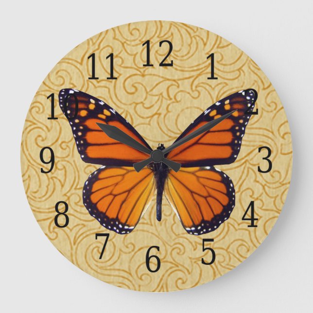 Monarch Butterfly auf der wirbelnden Holzkörneruhr Große Wanduhr (Vorderseite)