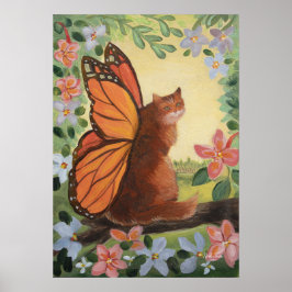 Monarch Butterfly Cat in Meadow Wall Art Poster