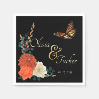 Monarch Butterfly Fall Floral Schwarz Serviette