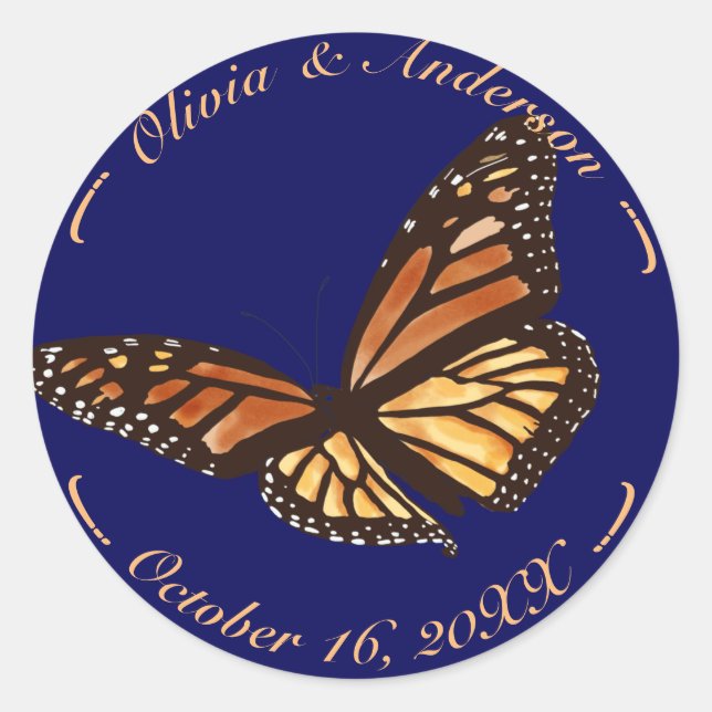 Monarch Butterfly Navy Blue Hochzeit im Herbst Runder Aufkleber (Vorderseite)